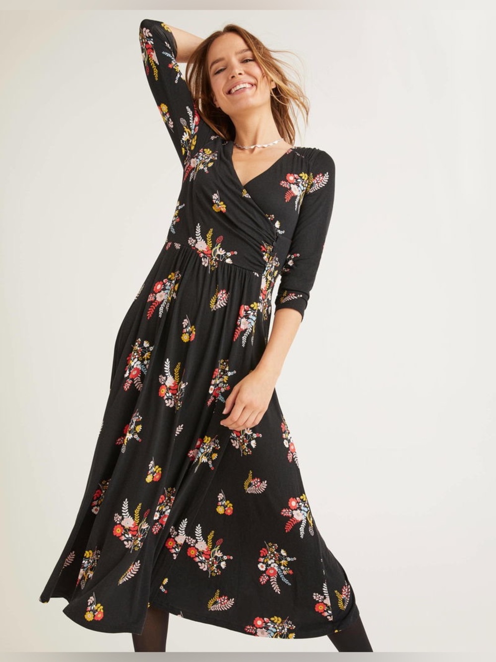 Boden Black Floral Midi Dress with Red and Pink Accents size 10 - Picture 3 of 14